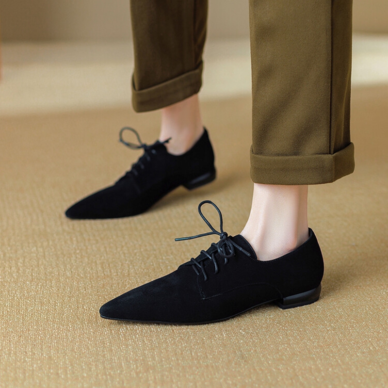 Spring/Autumn NEW Pumps Sheep New Suede Leather for Women Pointed Toe Low Heel Casual Black Lace-up Handmade Shoes 9e9d