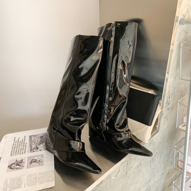 Women Patent Leather Over The Knee New Female Pointy Thigh Boots Sexy Side Zipper Black High Heels Party Shoes