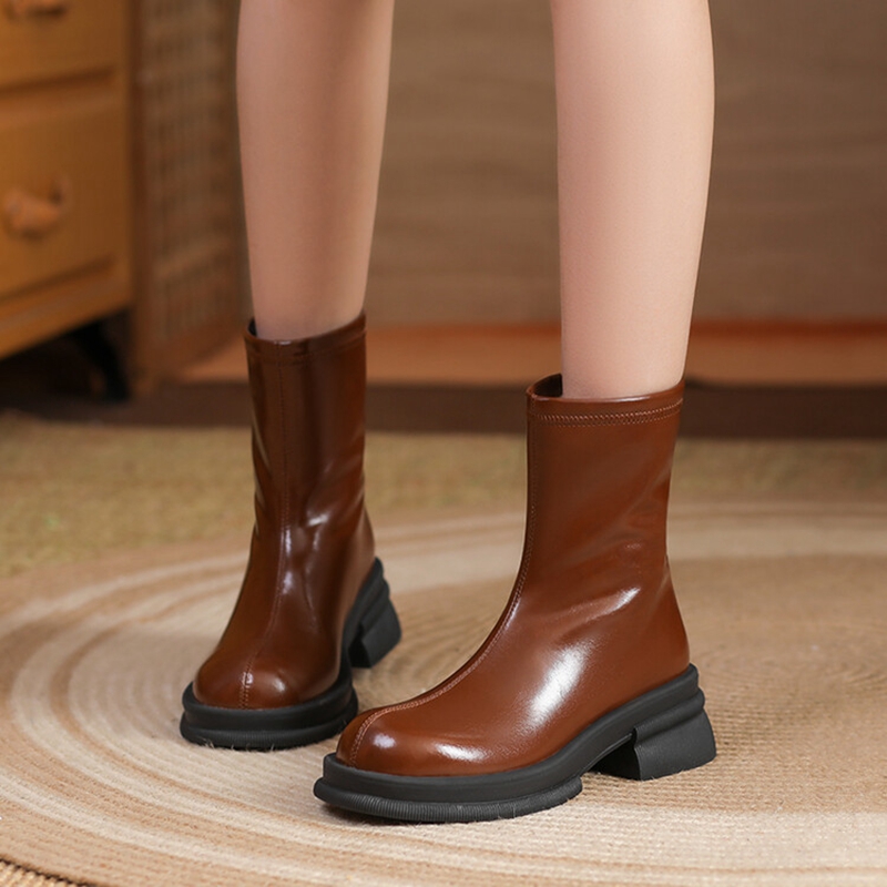 Winter NEW Round Toe High Shoes Split leather for Women Chunky Heel Black Warm Wool Boots 7447