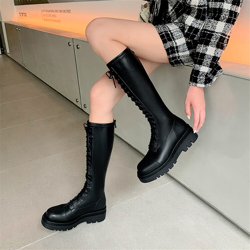 2022 Autumn Winter Round Toe Chunky Heel Knight for Women Leather Knee-High Boots Platform Shoes