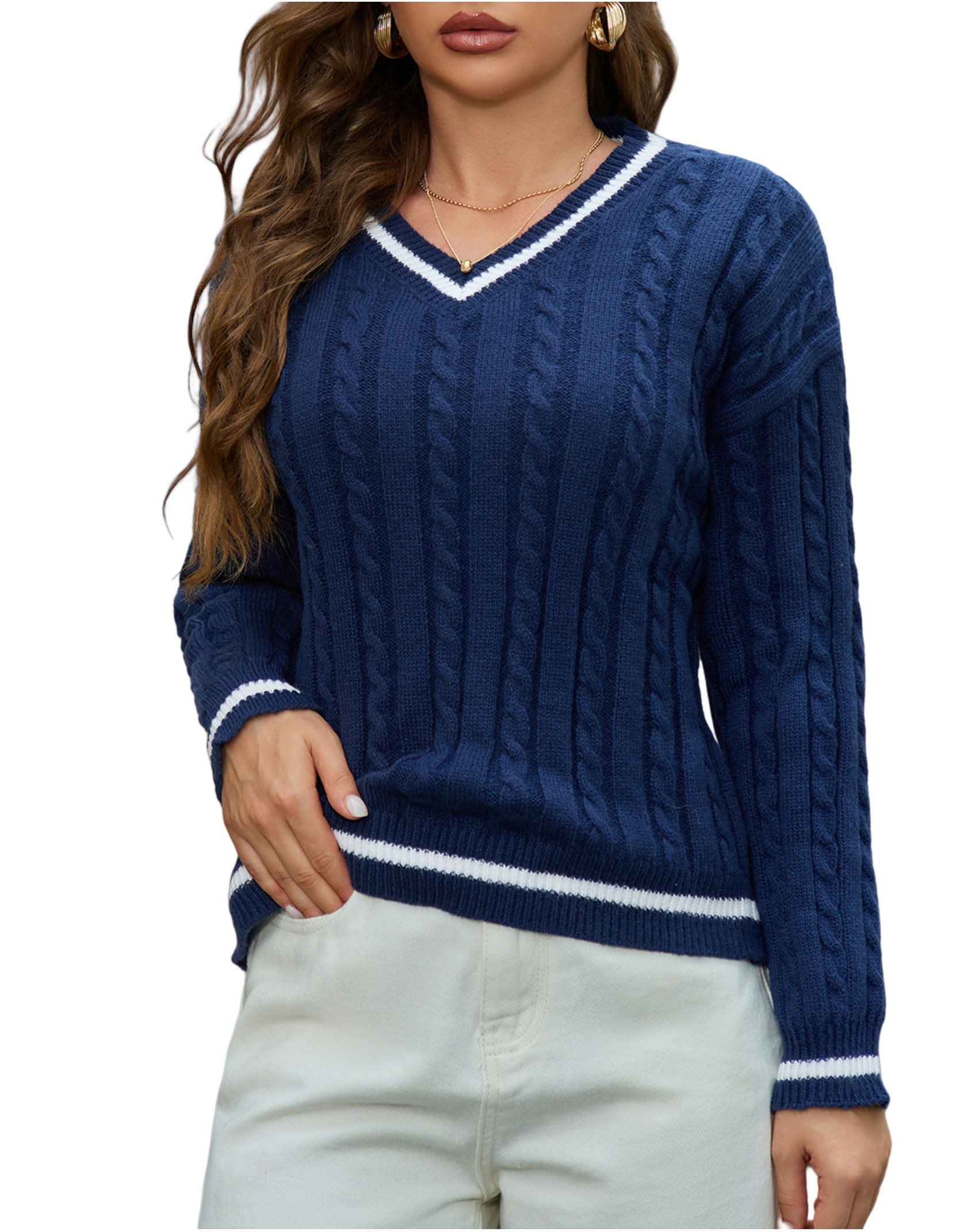 Women's Sweaters V-Neck Pullover Long Sleeve Sweater Fashion Fried Dough Twists Thread White Edge Cuff Knit Top
