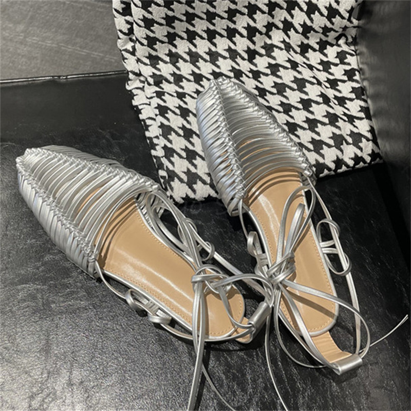 Strappy Hollow Shoes Sandals for Women Silver Golden Sheepskin Leather Roman Sandals Frmale Summer Flat Bottomed Woven Sandals