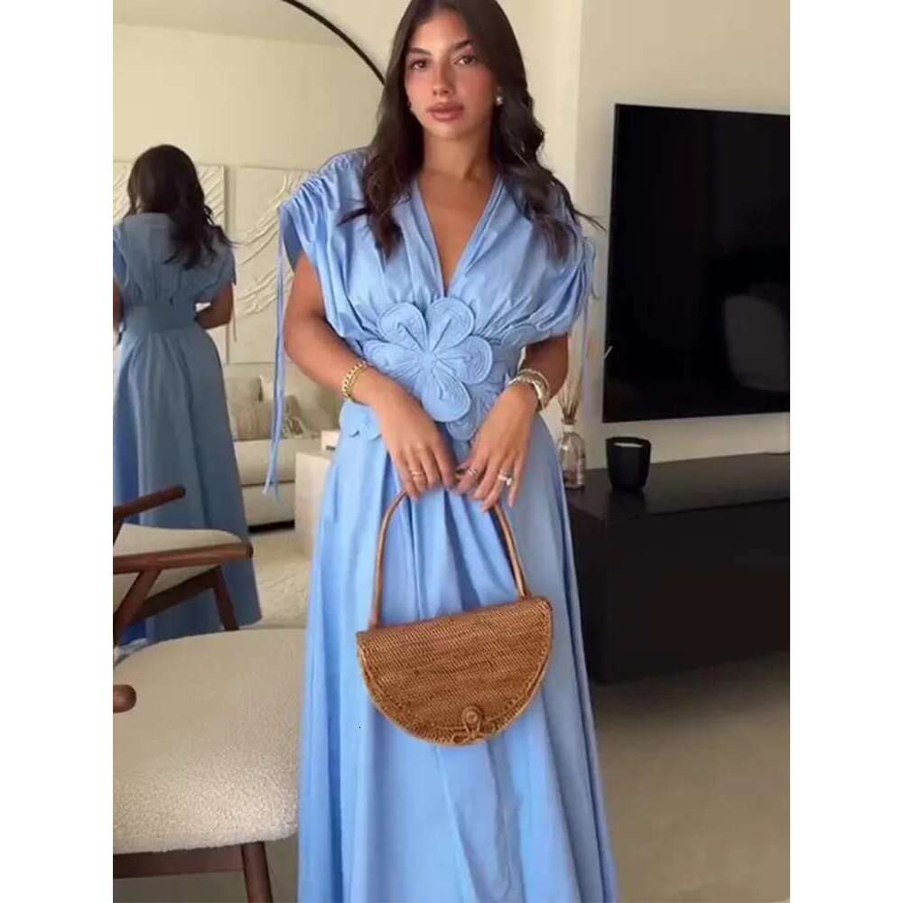 Chic Three-Dimensional Wer Drawstring Dress Women V-Neck Sleeveless High-Waisted Robe Lady Fashion Street Dresses