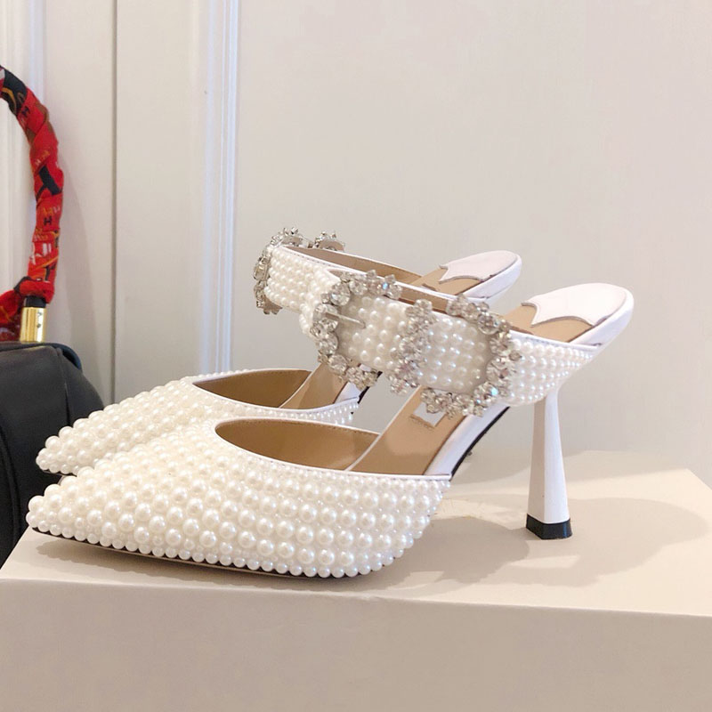 Luxury Summer Brand White Pearl Sandals Bridal Wedding Shoes Women Thin Stilettos Peep Toe Evening Party High Heels Top Quality