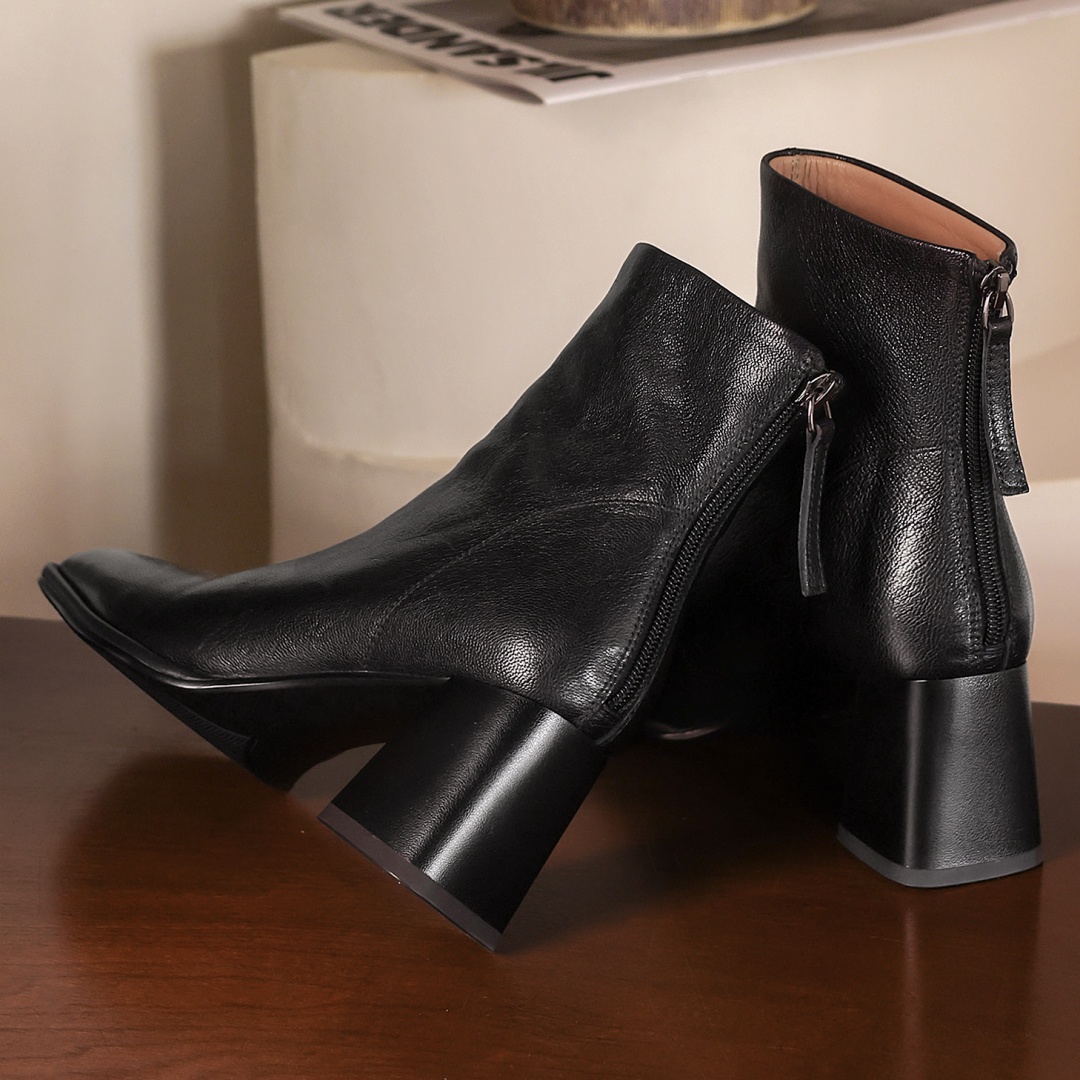 Autumn 2024 new women's sheepskin back zip autumn ankle boots 6cm thick high heel square toe elegant ladies short booties 34-42 e235