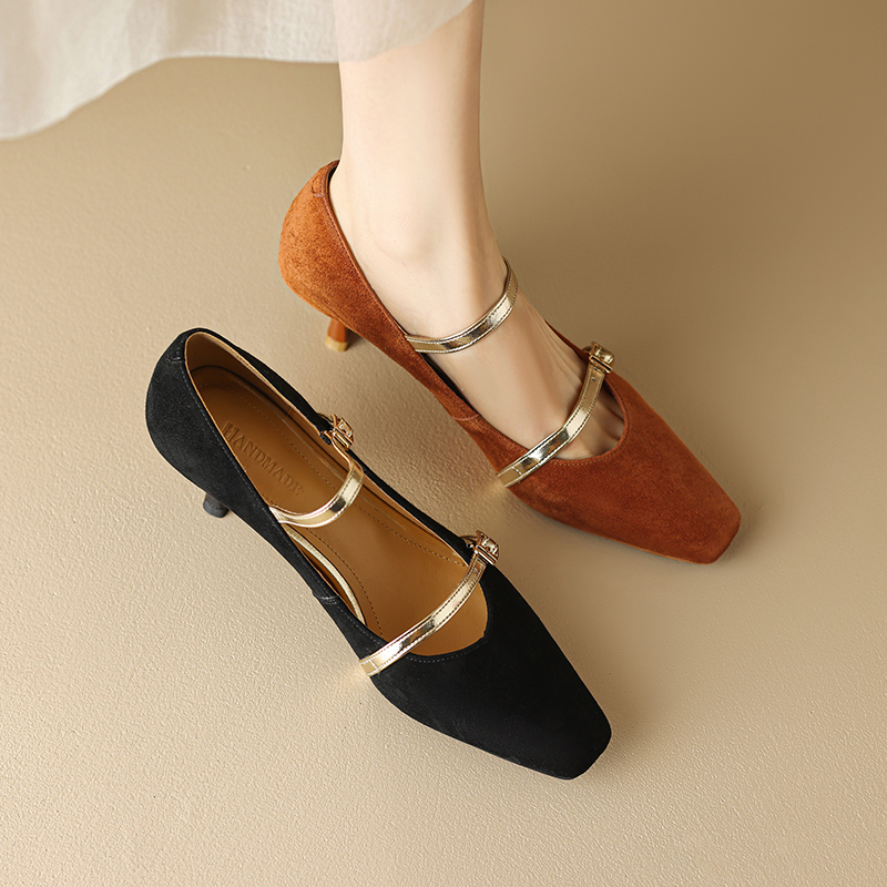 2024 Spring Pumps Kid Suede Genuine Leather New High Heels pointed Toe Chunky Heel for Women Mary Janes Shoes Gladiator a3a6