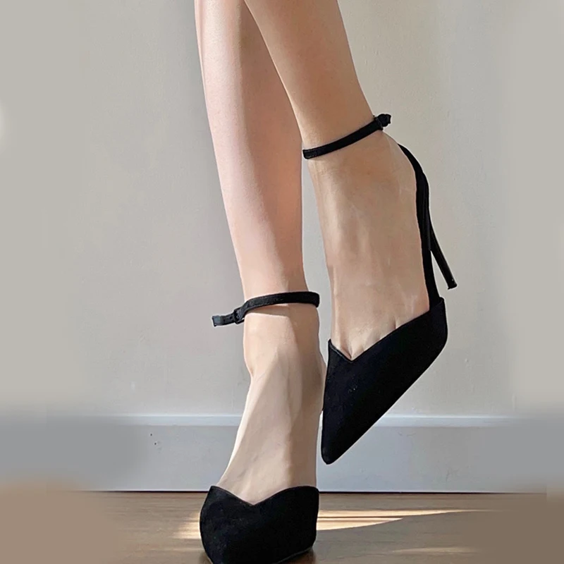 2024 Sexy Pointed Toe Ladies Pumps Thin High Heels Ankle Buckle Women Pumps Wedding Runway Sandals Woman Shoes Black Heels Women