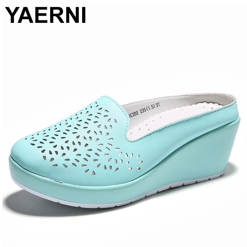 YAERNI Summer Woman Flip Flop Hollow Out Baotou Sandals Cowhide Embroidered Single Shoes Slope Heel Thick Bottom Light Women's
