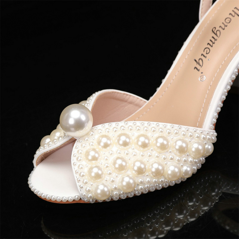 2024 New High Heels Thick Heel Shallow Mouth Women's Pearl Sandals Wedding Shoes Bridesmaid Shoes