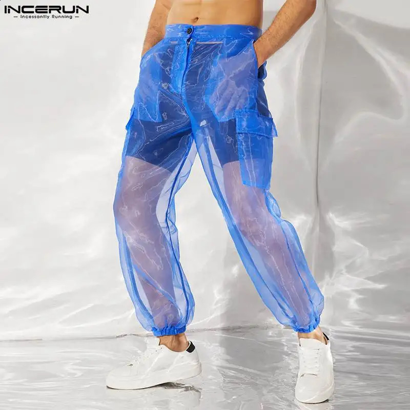 INCERUN Men Mesh Sleep Bottoms 2024 Lace Transparent Drawstring Sexy Homewear Pockets Breathable Trousers Male Sleep Pants S-5XL 240914