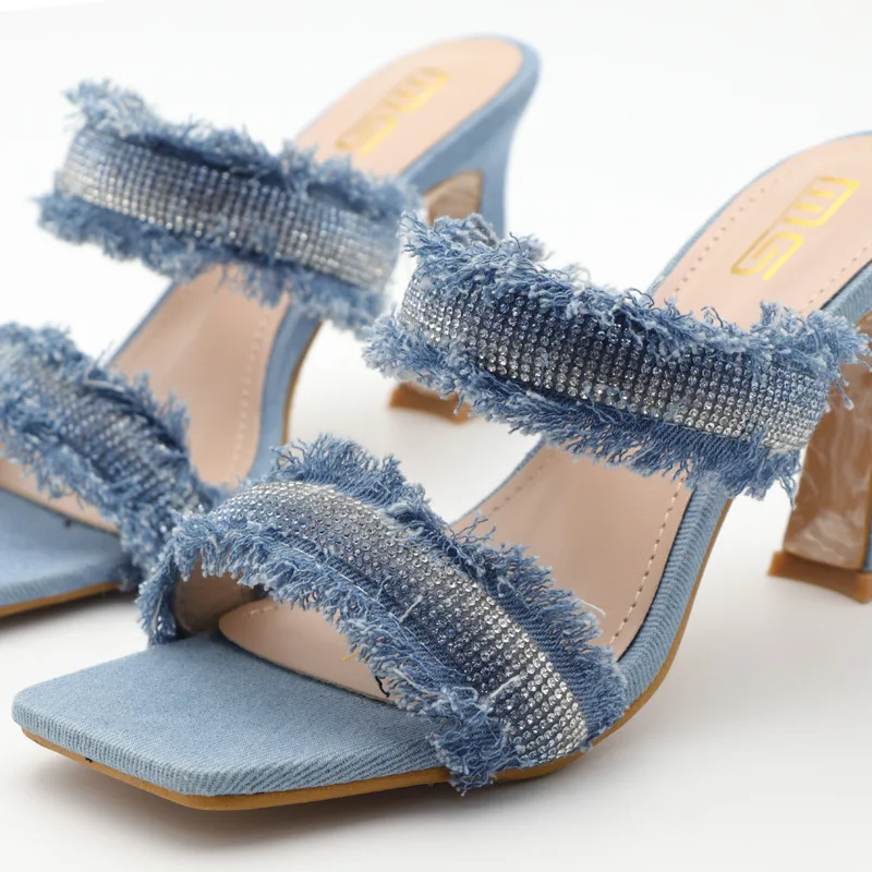 Denim Sandals Woman Square Headed High Heels Female Open-toe Blue Mule Sandals Rhinestone Glitter Summer Brand Slippers Women