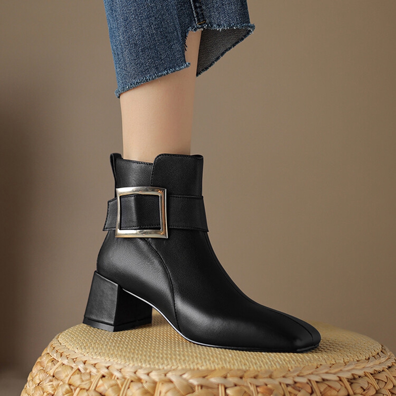 Autumn NEW Genuine Leather for Women Square Toe Chunky Heel Shoes Casual Zipper Modern Retro Black Boots fdd9