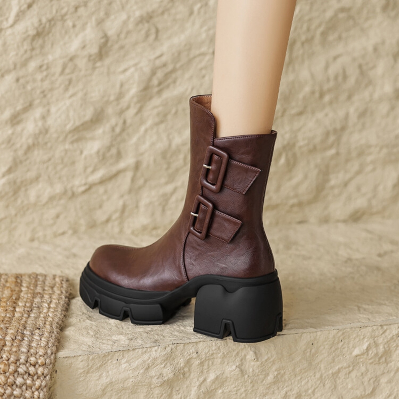 Autumn NEW Split Leather for Women Round Toe Chunky Heel Designer Platform Shoes Belt Buckle Girls Boots 896f Platm