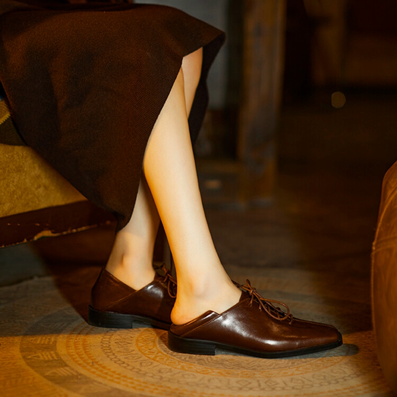 Spring/Autumn NEW Genuine Leather New for Square Toe Chunky Women Pumps Lace-up Low Heel Shoes 74a0