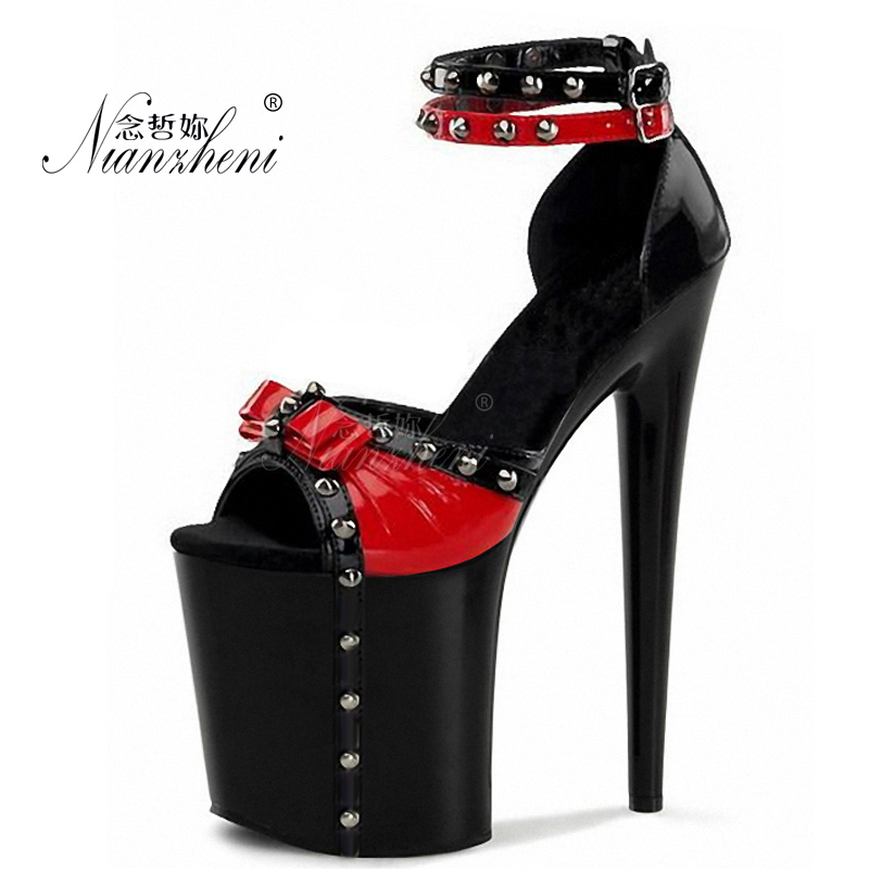 Sexy 6Inches Black Red Peep Toe Gothic Bowknot Platform Sandals 20cm Fetish Shoes Exotic Dancer Gladiator Retro Strip Pole Dance