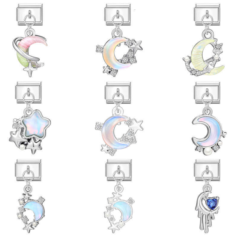 New Women's Gift Moon star Shiny CZ Pendant Italian Charms Links Bangle Beads Fit 9mm Stainless Steel Bracelet Making DIY For Women Fashion Jewel
