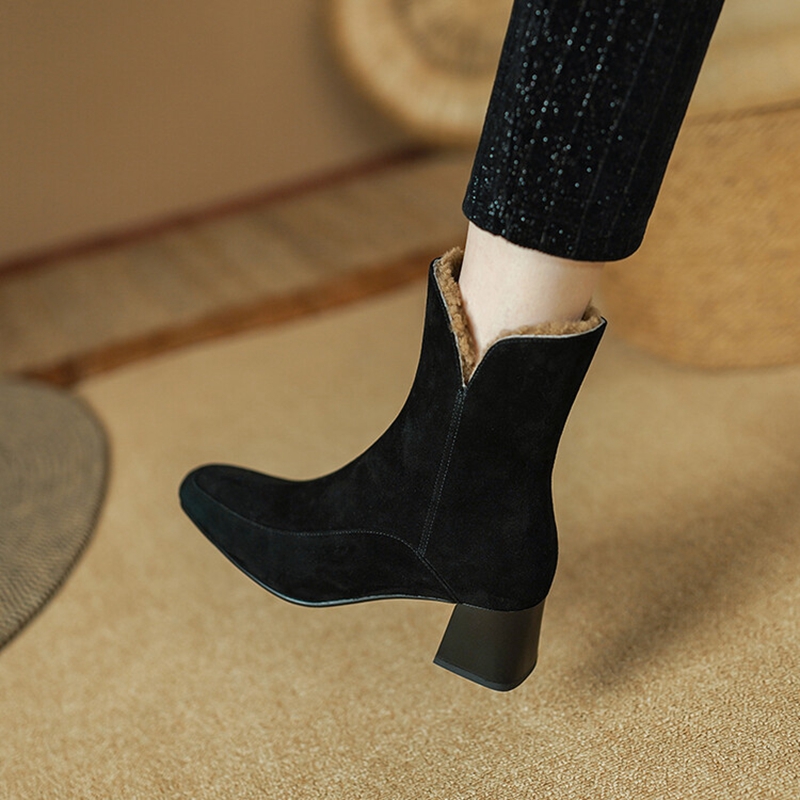 Winter NEW Sheep Suede Leather for Women Square Toe Chunky Heel Shoes Zip Modern Black Wool Warm Boots c8fb