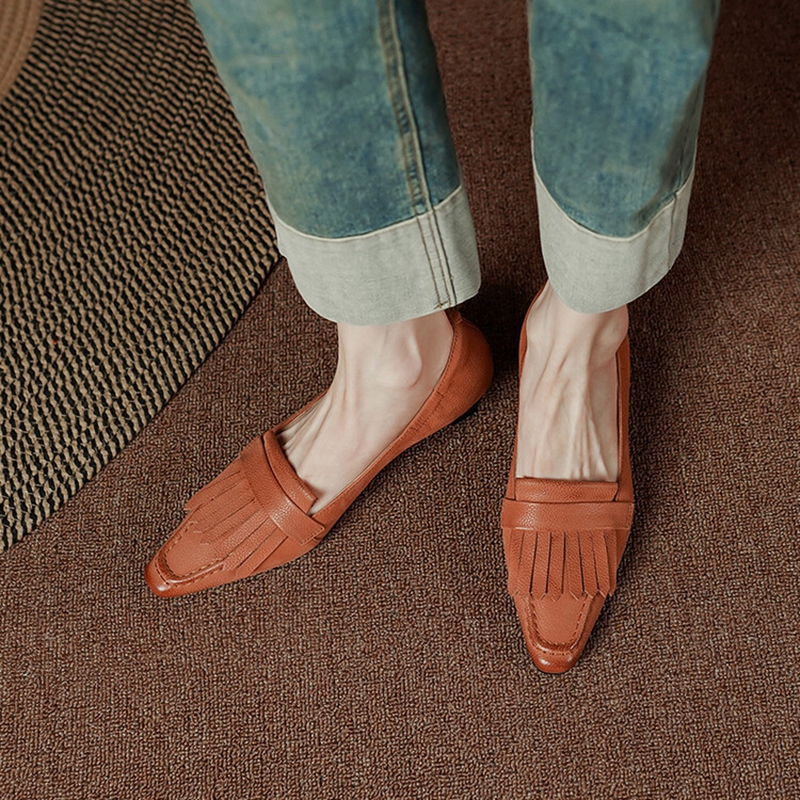 Spring 2023 Square Toe Thin Heel Pumps Genuine Leather for Women Casual Retro Tassels Handemade Shoes ae76