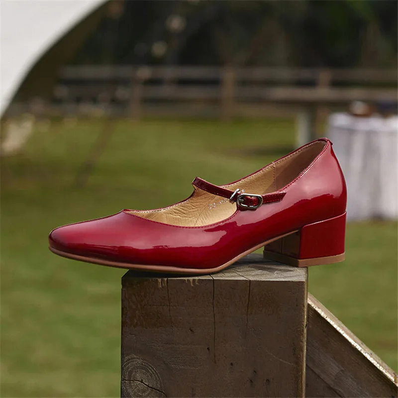 2025 new Spring/summer Mary Jane Patent Leather Woman French Square Toe Thick Heel Shoes Buckle Strap Women Pumps 466d