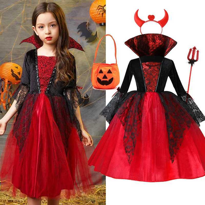 Girl Vampire Halloween Costume Childrens Ghost Bride Gothic Cosplay Vampire Costume Count Vampire Carnival Costume Black and Red Costume W240914