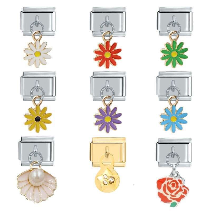 New Women's Gift Daisy Pendant with enamel Italian Charms Links Bangle Beads Fit 9mm Stainless Steel Bracelet Making DIY For Women Fashion Jewelr