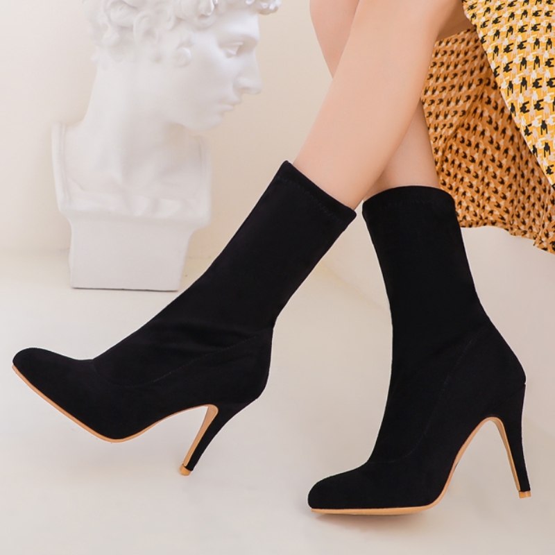 Women's Ankle Boot Elegant Flock Yellow Red Black Pink Sock Boot Slim Elastic Dance Fetish Party Shoes Lady Big Size 45