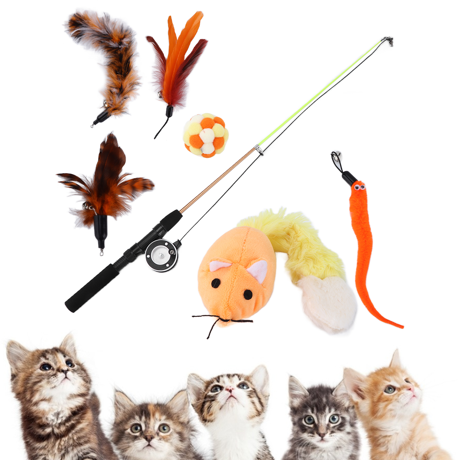 Retractable Cat Stick Toy Set with Feather, Fishing Pole, Bells, Wand, Indoor Kittens, 7 Pcs