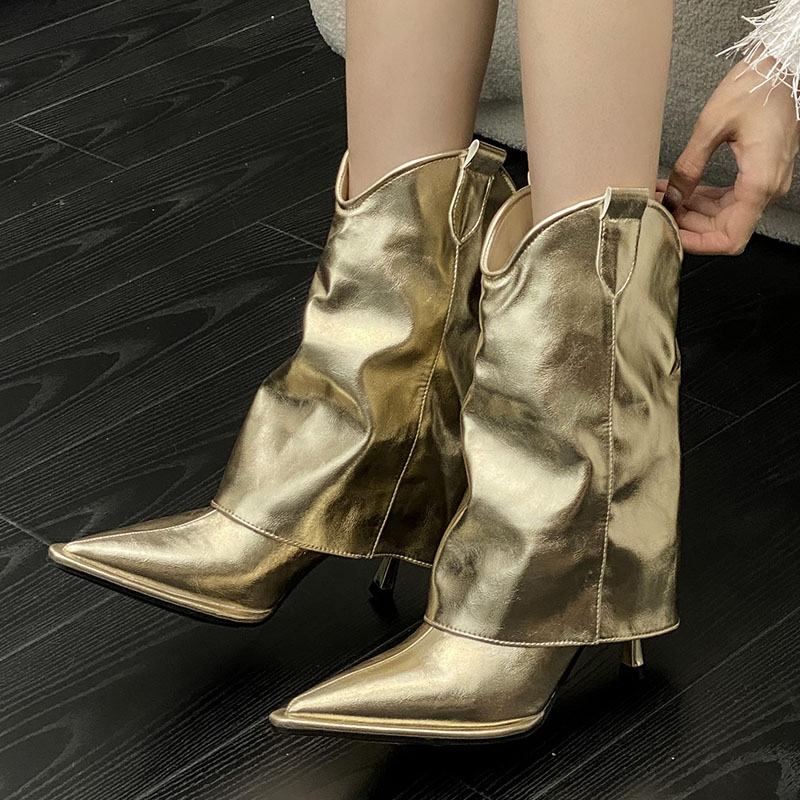 Golden Fashion Pointed Toe Women Modern Slip On Female Footwear Thin Heels Shoes Ankle Boots For Ladies