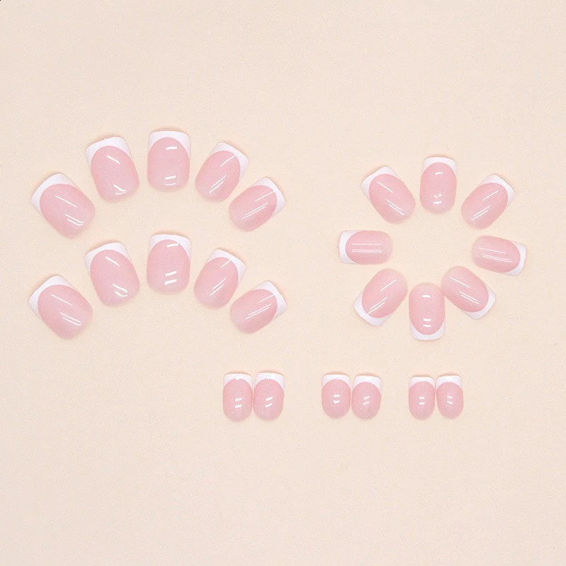 Short False Nail French Style Square White Pink Cute High Penetration Press Type Nail Semi Curing Jelly Gel Nail Piece 240914