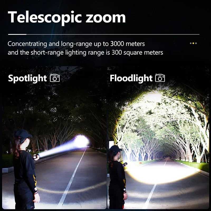 100000000 Lumens White LED Torch Strong light USB C Rechargeable Powerful Flashlight Zoomable Torch Light 5Modes for Outdoor Y240913