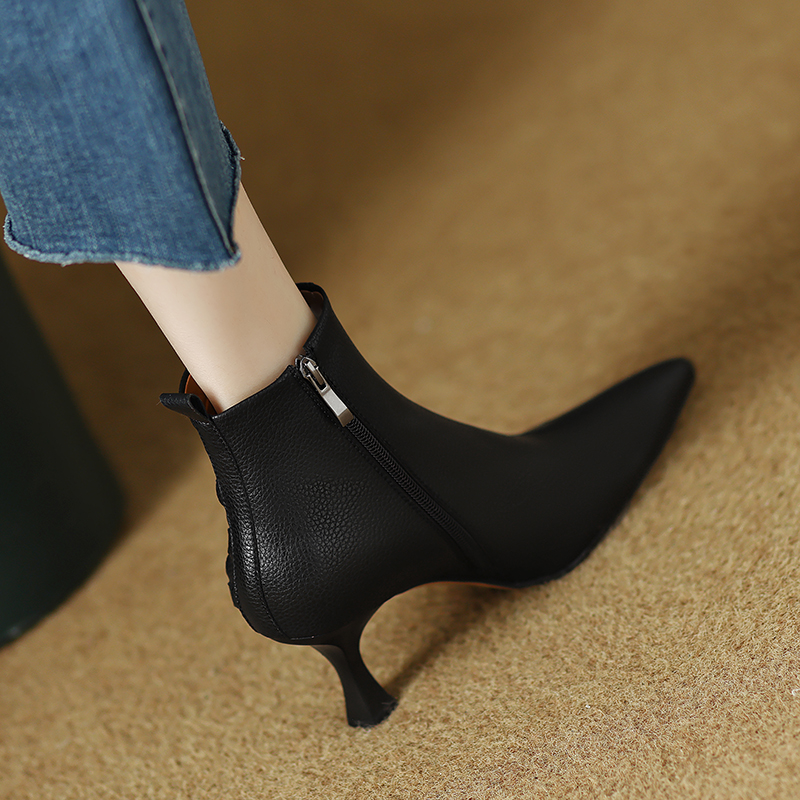 2024 Pointed Toe Ankle High Heels Women Thin Heel Short Boots Genuine Leather Winter Modern Ladies Shoes 7554
