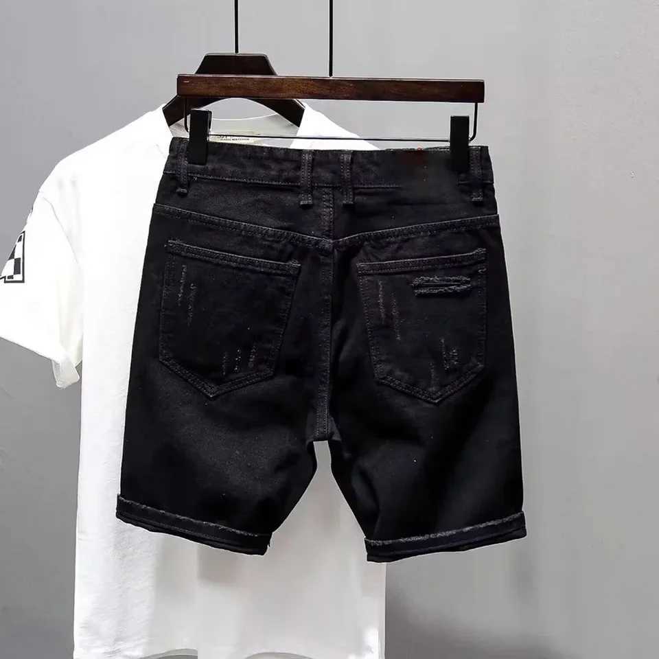 Mens Kpop Y2K Streetwear Dotting Ink Design Distressed Casual Black Shorts JeansX240914