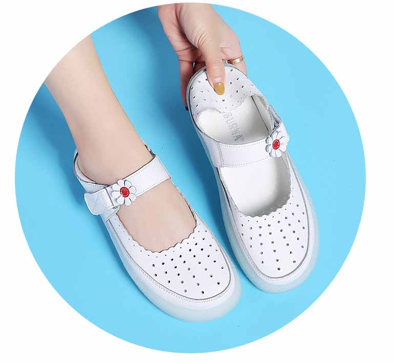 White Genuine Leather Sneakers Women Flat Platform Shoes Spring Casual Round toe Breathable Shoes Ladies White Nurse Shoes