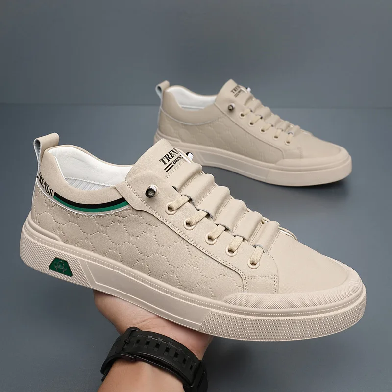 2024 New Shoes for Men Genuine Leather Casual Shoes Luxury Knurling Flat Skateboard Shoes Youth Fashion Cow Leather Sneaker