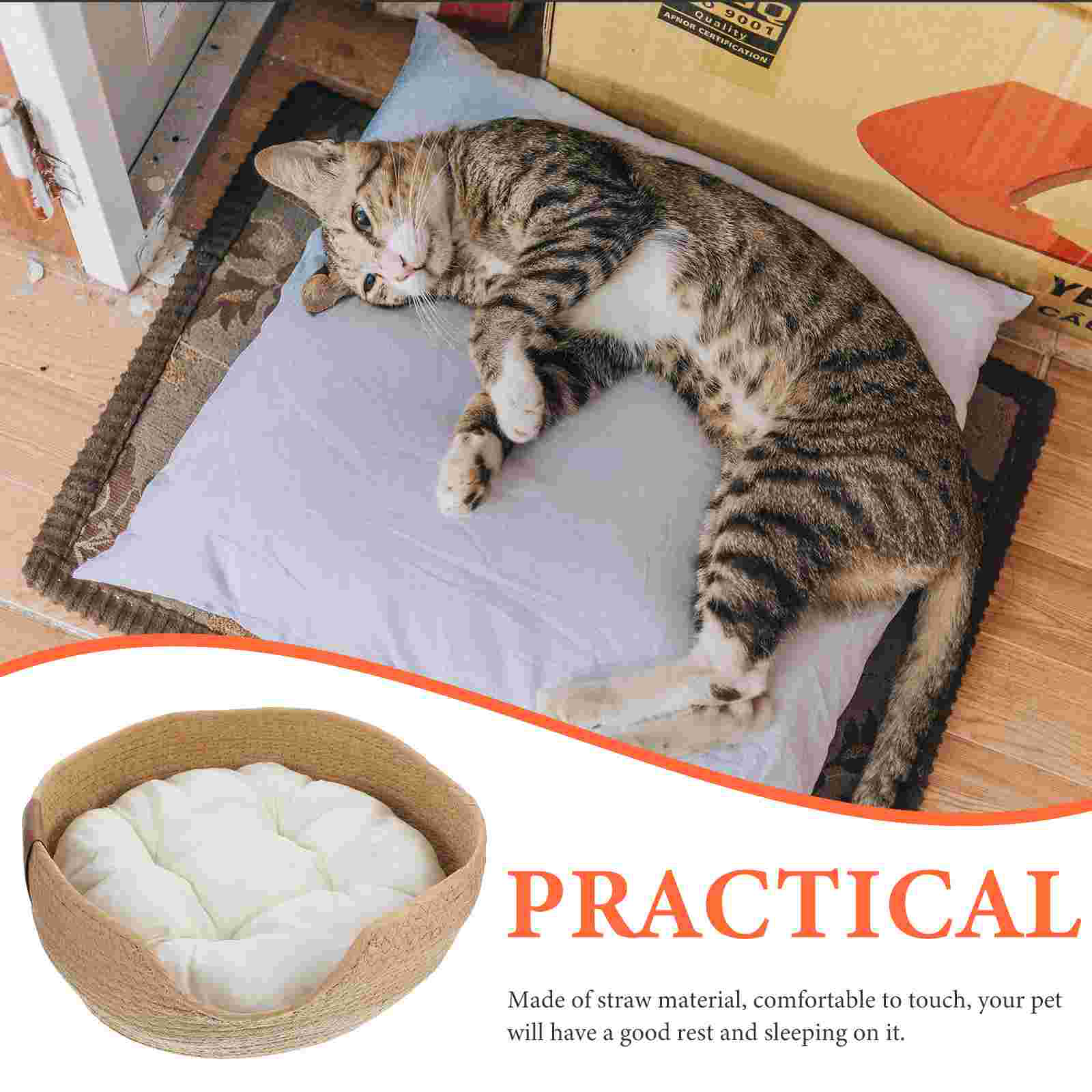 Woven Straw Cat Bed Pet Woven Basket Nest Basket Breathable Cat House Cooling Bed Kitten Small Dogs Puppy