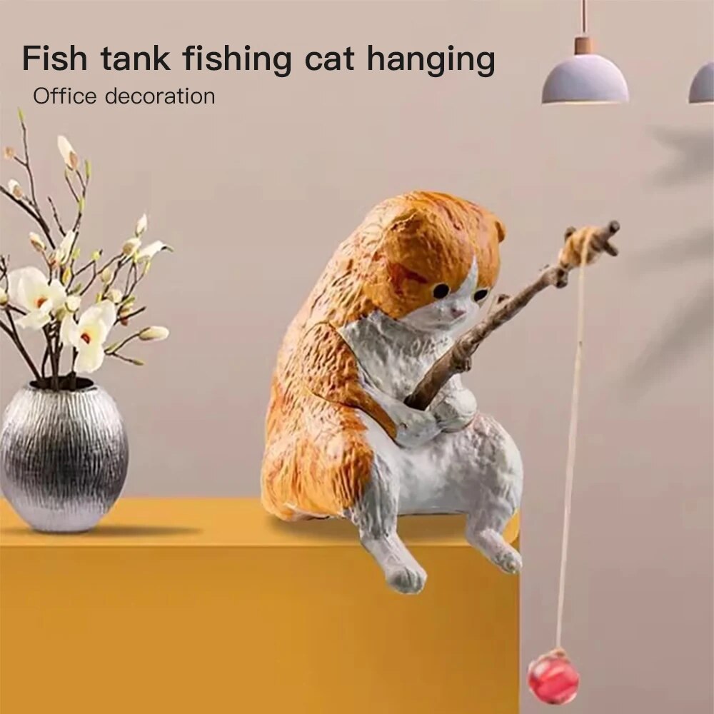 Fish Tank Fishing Cat Hanging Creative Landscape Office Ornaments Fishing Fun Mini Decorative Micro-Landscape
