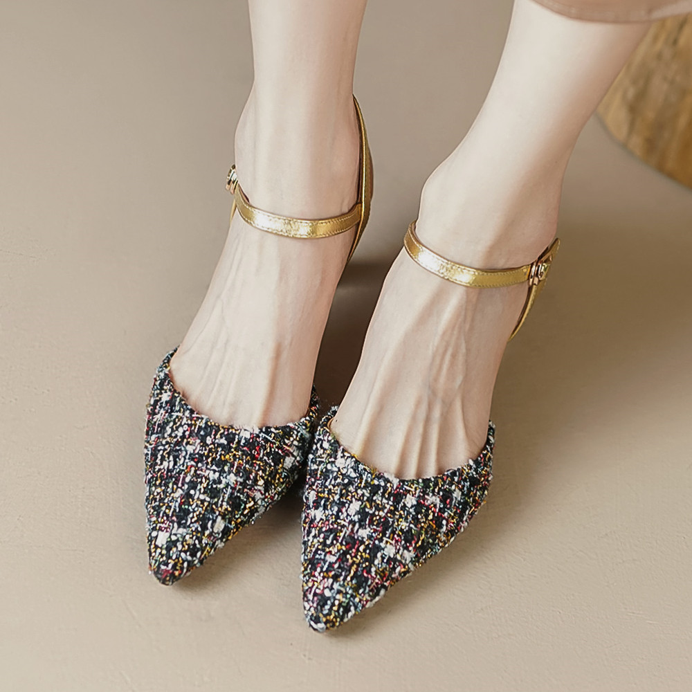 genuine Women's leather fabri patchwork ankle strap thin high heel pointed toe sandals elegant ladies brand design summer pumps 6790 06b1 56e0