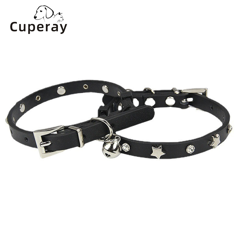 Leather Pet Collar Pentagram Rivet Rhinestone Cat Collars Adjustable Cat Bell Training Collar for Cats & Puppies Pet Accessories