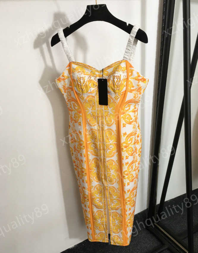 designer dresses for woman Fashion Beach dress Lemon yellow print Sleeveless Spaghetti strap slit midi Sheath dress Luxury sundress Sexy Vacation Women Clothing