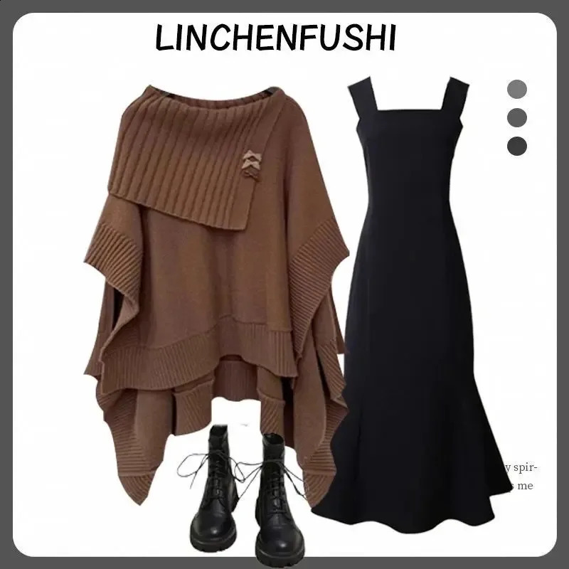 SIRI Korean Fashion Winter Dress Female Y2k Plus Size Maillard Loose Shawl Sweater Shirt Joker Twopiece Suit 240904