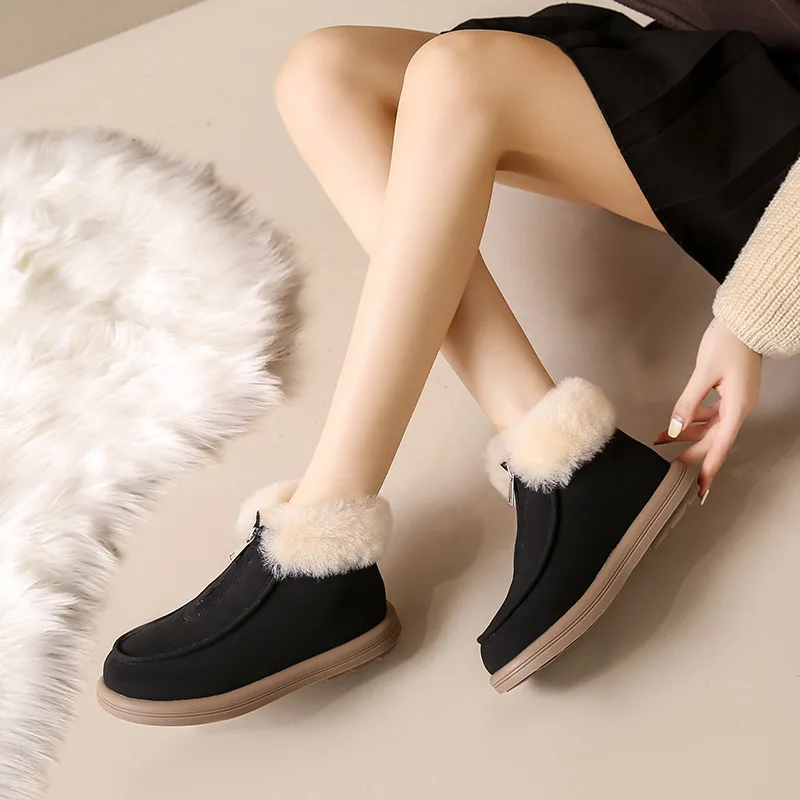 Women's Furry Cuffed Snow Boots Winter Thick Sole Suede Women's Shoes Cotton Plush Warm Short Botines Front Zipper Brown Botas
