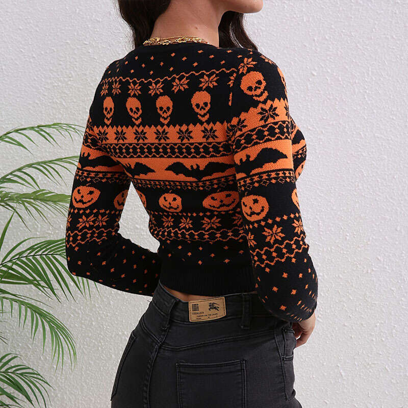 Autumn and winter women's Halloween contrasting jacquard sexy fashion round neck knitted sweater