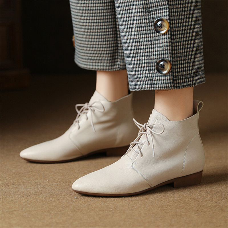 2023 New Autumn Genuine Leather Women Boots Round Toe Low Heel Ankle Boots for Women Winter Fashion Boots Lace-up Women Shoes