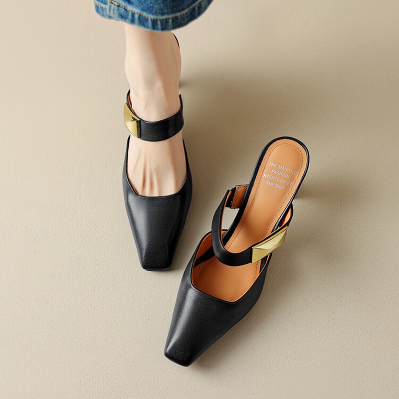 NEW Summer Women Mules Split Leather Shoes for Women Square Toe High Heel Slippers Cover Toe Slingback Sandals Metal Buckle Shoe