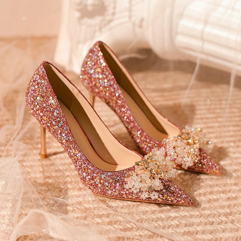 2024 New Elegant High-Grade Wedding Shoes Women French Fine Heel Bride Shoes Red High Heels