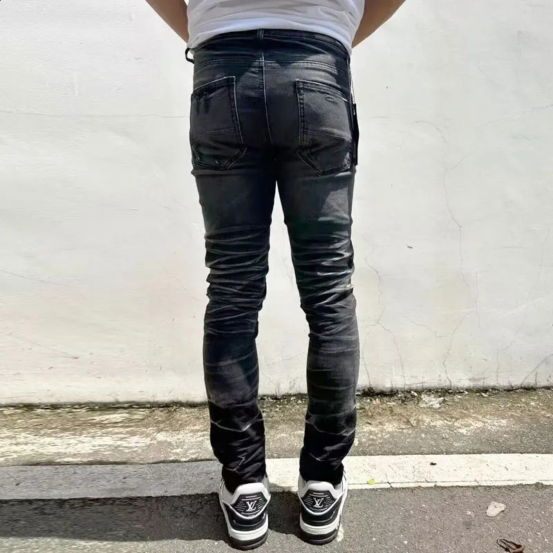 High Street Fashionable Mens Jeans Retro Stretch Slimming Ripple Black Grey Jeans Mens Green Patch er Hip Hop Pant 240913