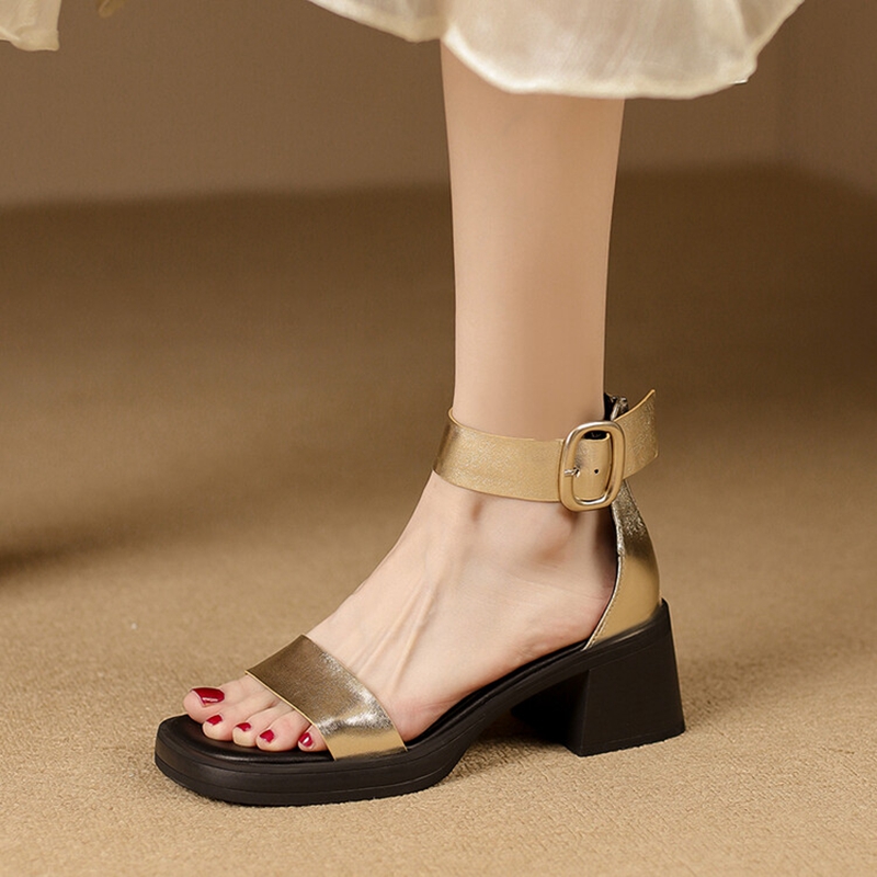Open Summer Toe Chunky for Women Cover Heel Sandals Concise Split Leather New Handmade Platform Shoes 42f4 Platm