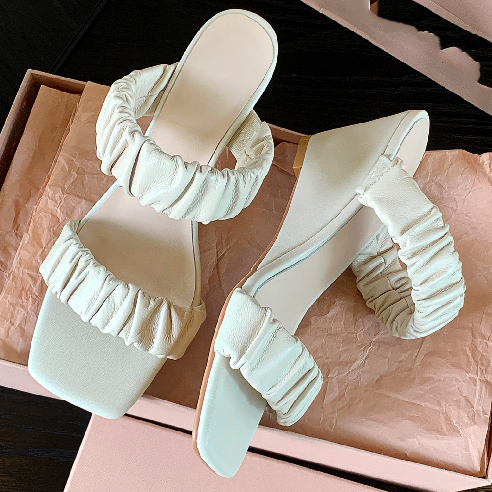 pleated Women's band slides open toe wedge 7cm high heel casual female british style summer sandals heeled New pumps shoes e8f4 ed