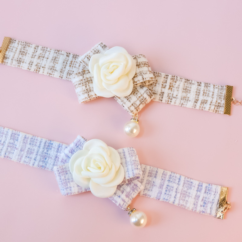 Adjustable Cat Collar,Pet Collars Small Cat Dog Ornament Lace Bow Knot Pearl Scent Rose Ornament Cat Collar for Cats and Puppies