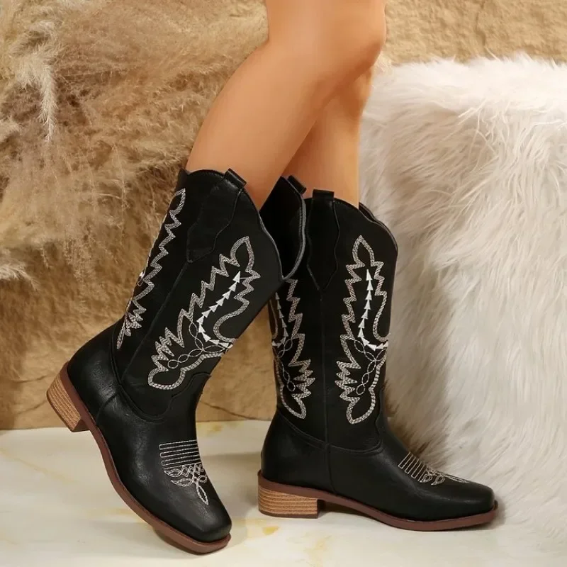 Retro Black Cowboy Boots for Women 2024 New Upgraded High Quality Square Heels Zipper Knee High White Concert Western Boot